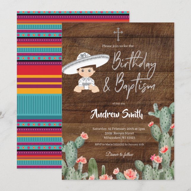 Mexican Silver Charro Birthday and Baptism Boy Invitation (Front/Back)