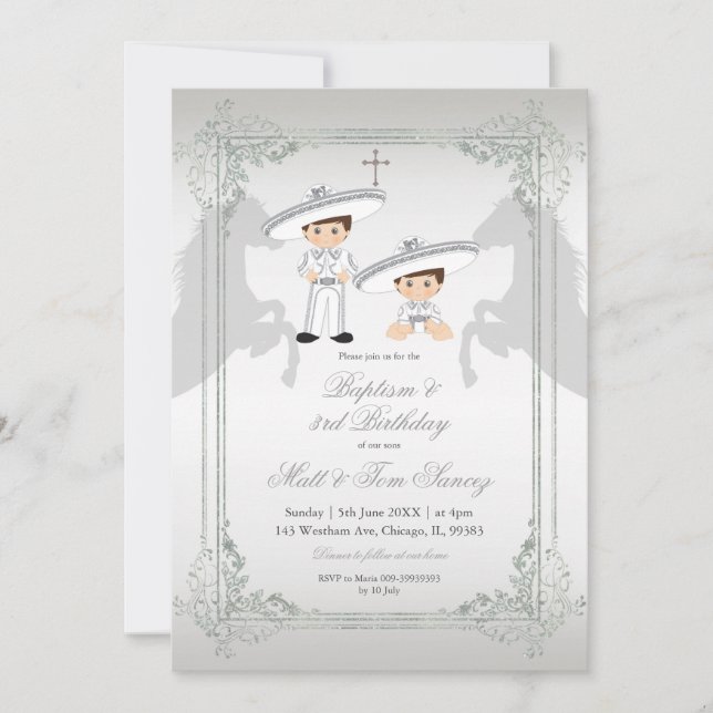 Mexican Silver Sibling Baptism & Third Birthday Invitation (Front)