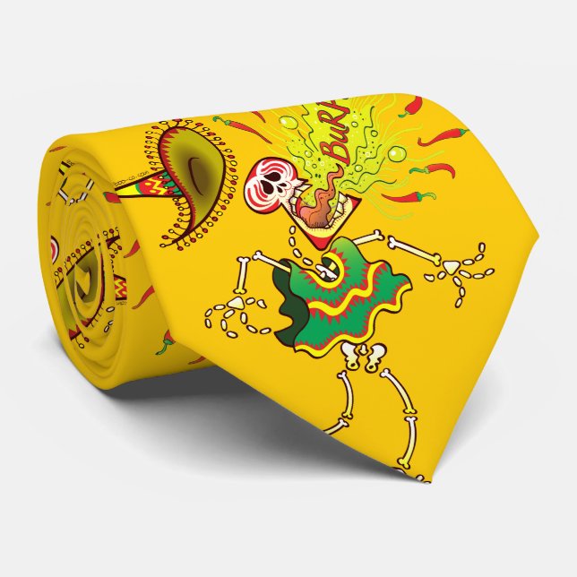 Mexican Skeleton Burping Hot Chili Peppers Tie (Rolled)