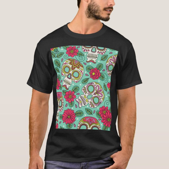 Mexican skull and flowers, seamless. T-Shirt (Front)