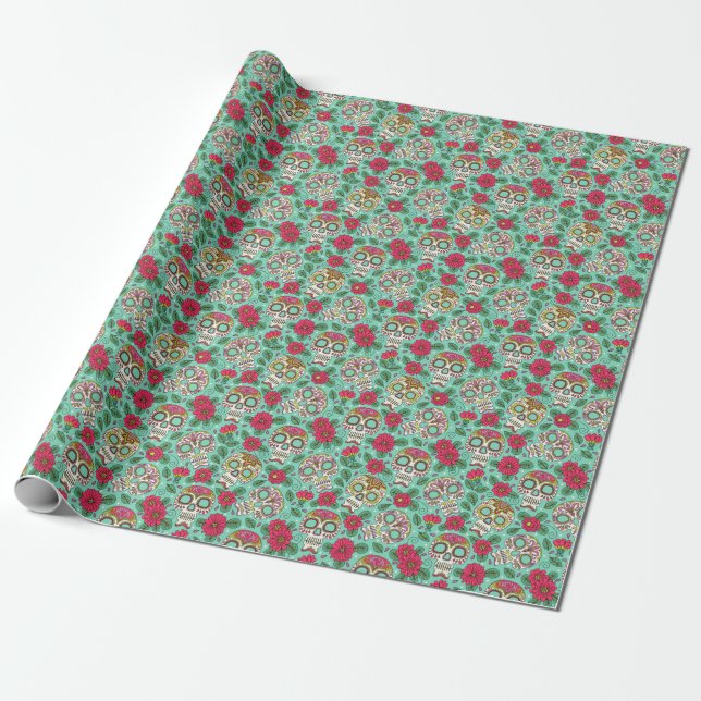 Mexican skull and flowers, seamless. wrapping paper (Unrolled)