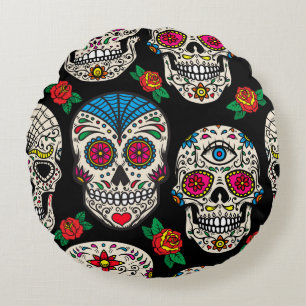 Mexican Skulls & Roses: Vintage Design Round Pillow