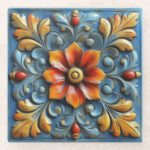 Mexican Spanish Floral Orange and Blue Glass Coaster