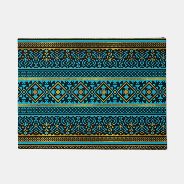 Mexican Style pattern - black, teal and gold Doormat (Front)