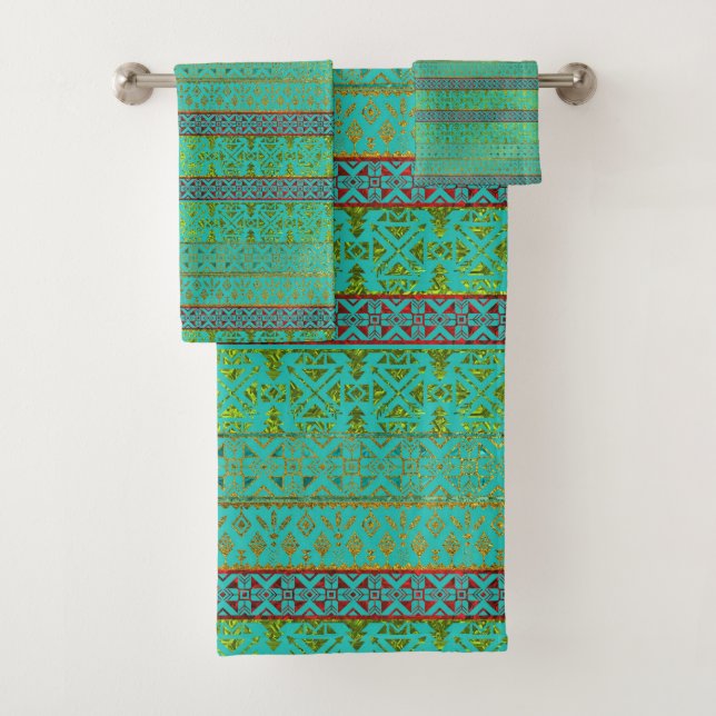 Mexican Style pattern - teal, gold and red glitter Bath Towel Set (Insitu)