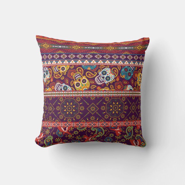 Mexican style traditional fabric patchwork abstrac throw pillow (Front)