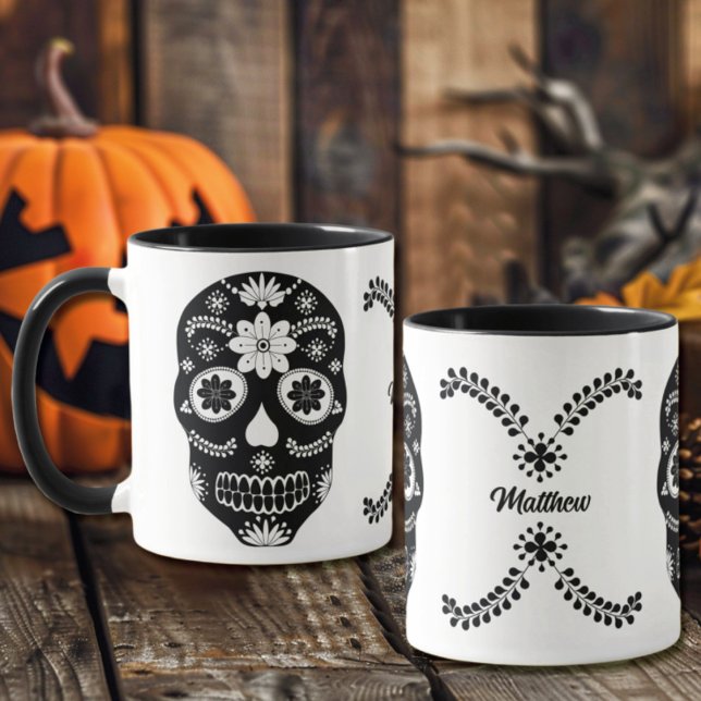 Mexican Sugar Skull 2 Black And White With Name Mug (Creator Uploaded)