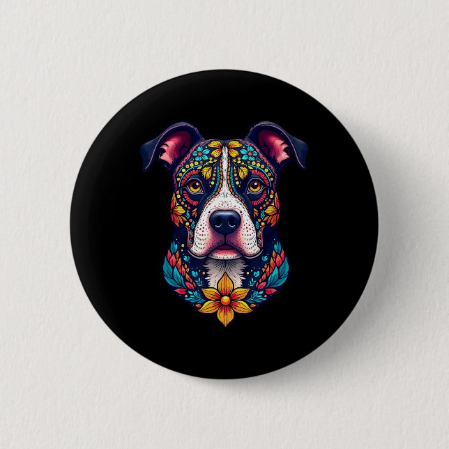 Mexican Sugar Skull Pitbull Dog Dia De Muertos Hal 2 Inch Round Button (Front)