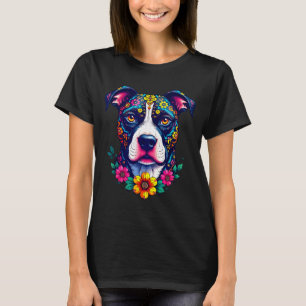 Mexican Sugar Skull Pitbull Dog Dia De Muertos T-Shirt