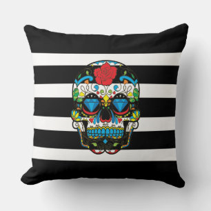 Mexican Sugar Skull With Black Stripes Fleece Blan Throw Pillow