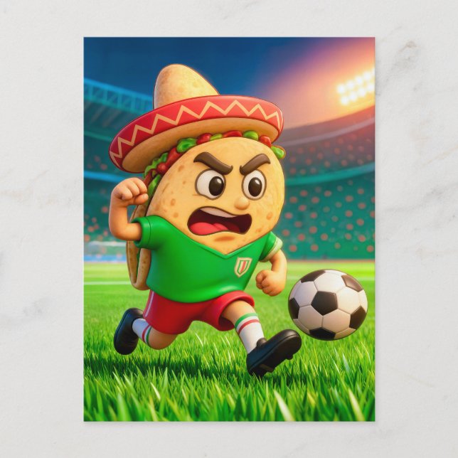 Mexican taco soccer player running across stadium postcard (Front)