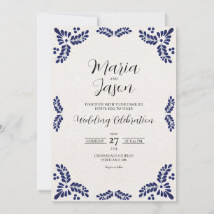 Mexican Talavera Black Floral Minimalist Wedding Invitation