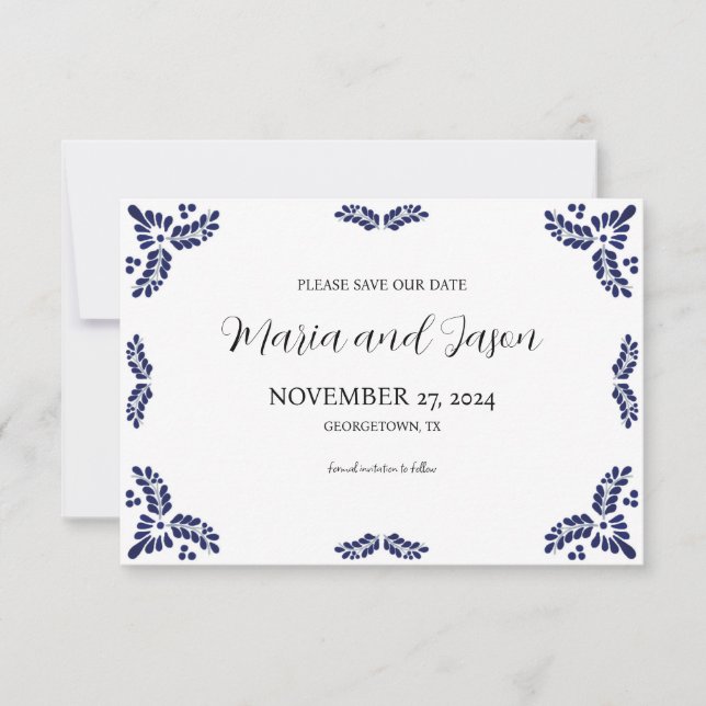 Mexican Talavera Black Floral Minimalist Wedding Save The Date (Front)