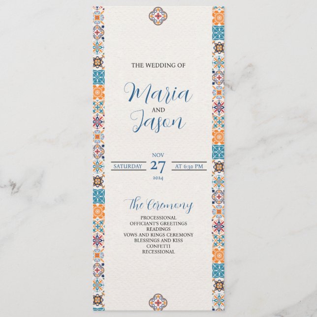 Mexican Talavera Colourful Floral Fiesta Wedding Program (Front)