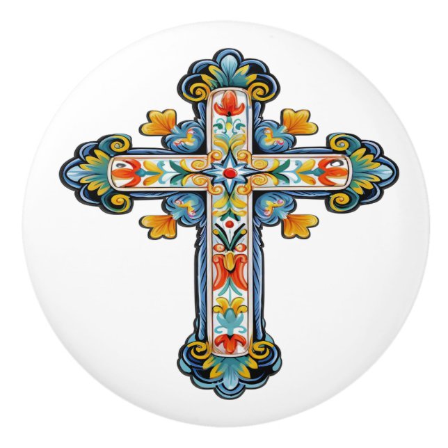 Mexican Talavera Cross Ceramic Knob (Front)