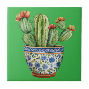 Mexican Talavera Hacienda Style Cactus Tile