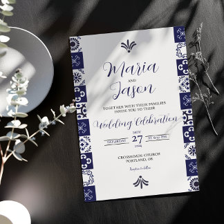 Mexican Talavera Majolica Navy Blue White Wedding Invitation