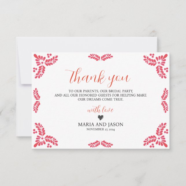 Mexican Talavera Orange Floral Minimalist Wedding Thank You Card (Front)