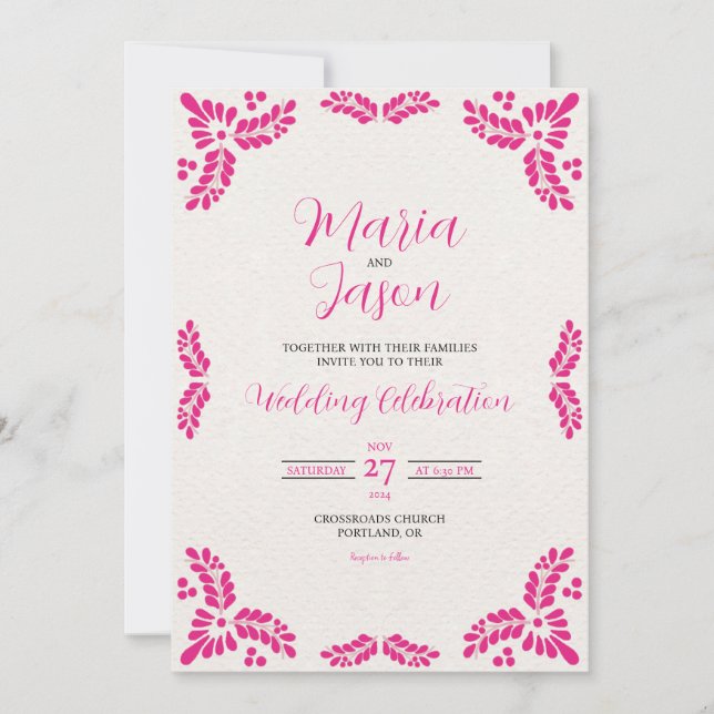 Mexican Talavera Pink Floral Minimalist Wedding Invitation (Front)