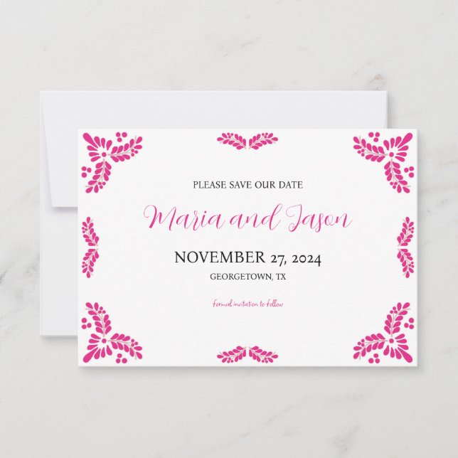 Mexican Talavera Pink Floral Minimalist Wedding Save The Date (Front)