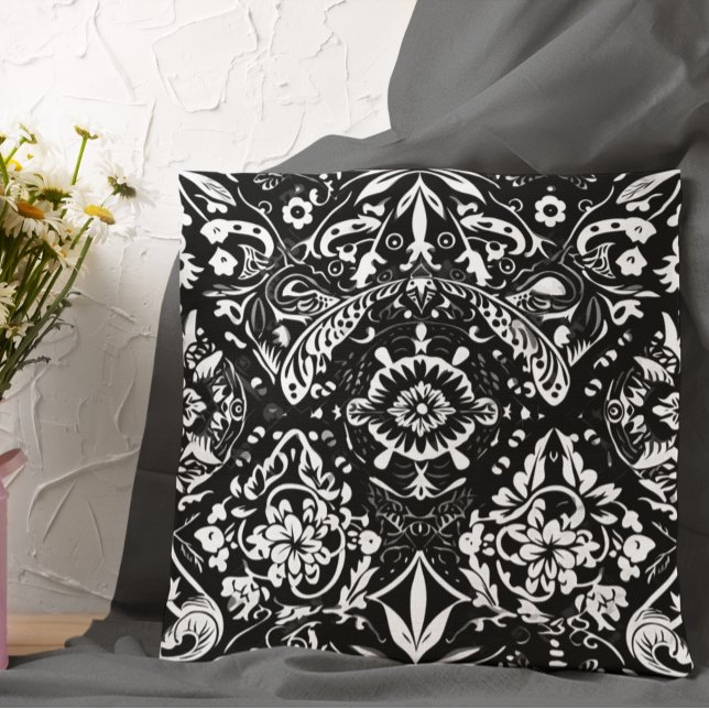 Mexican Talavera Pottery Tile Black White Throw Pillow (Creator Uploaded)
