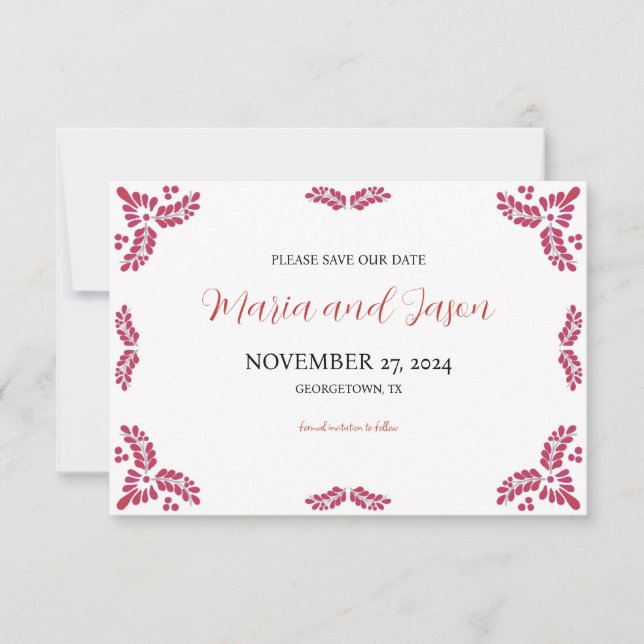 Mexican Talavera Red Floral Minimalist Wedding Save The Date (Front)