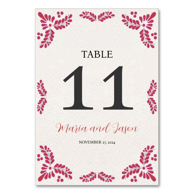 Mexican Talavera Red Floral Minimalist Wedding Table Number (Front)