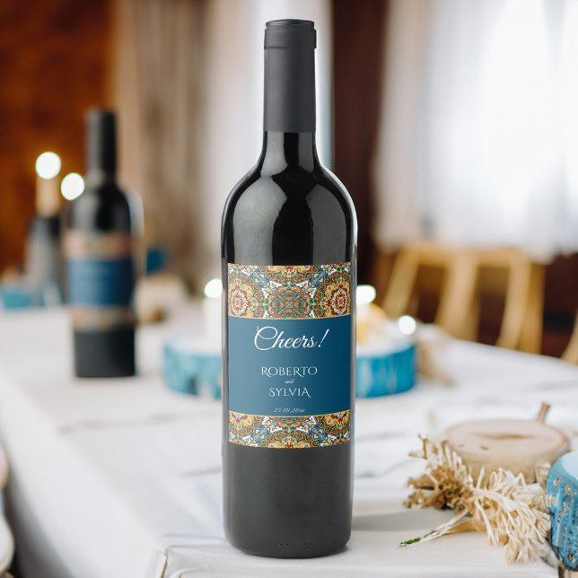 Mexican Talavera teal elegant wedding favour Wine Label (Mexican Talavera teal elegant wedding favors personalized  Wine Label cheers bottle labels)