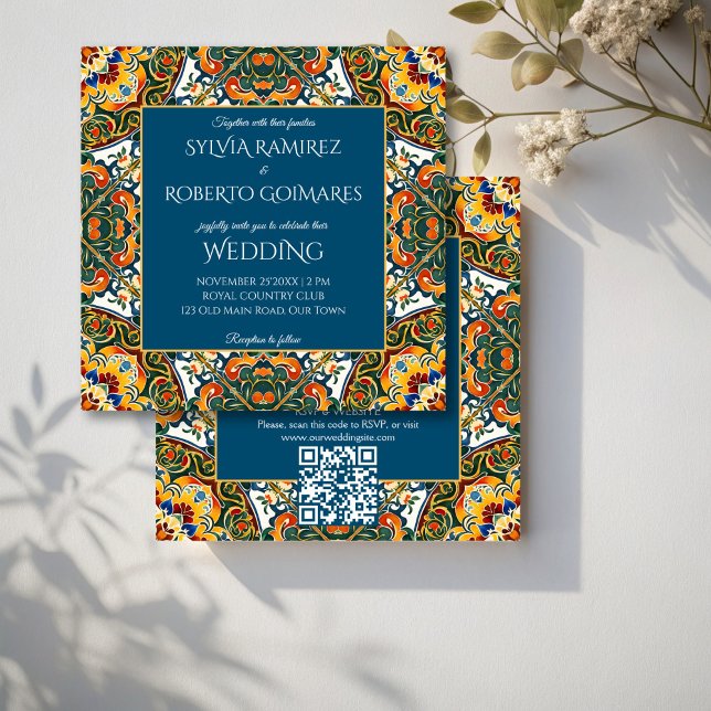 Mexican Talavera teal elegant wedding with RSVP Invitation (Mexican Talavera teal colorful ornate elegant wedding invitations with RSVP editable template)