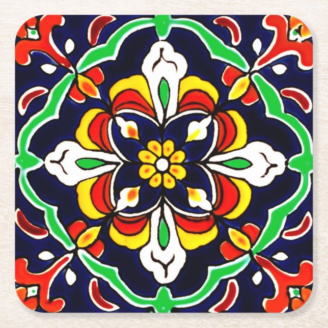 Mexican Talavera Terracotta Tile Design No. 2 Square Paper Coaster (Front)