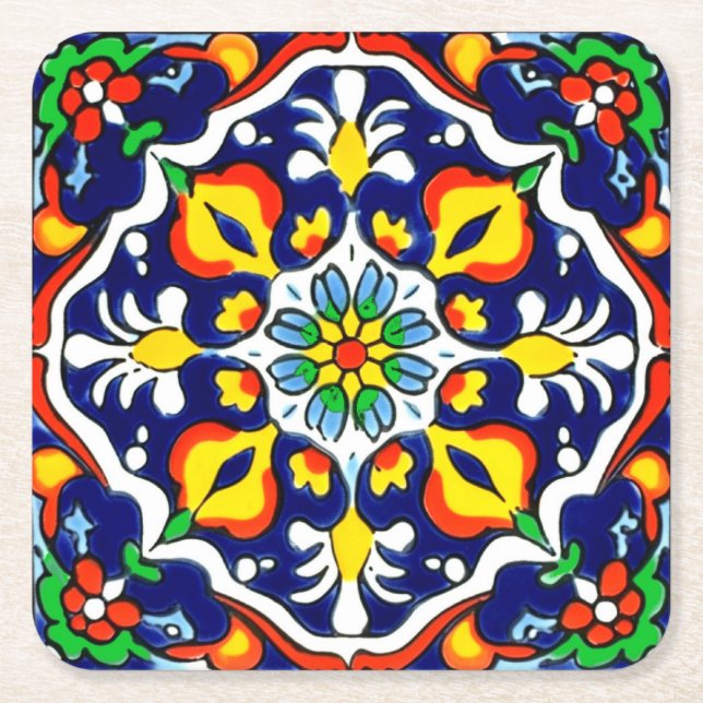 Mexican Talavera Terracotta Tile Design No. 3 Square Paper Coaster (Front)