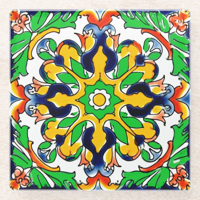 Mexican Talavera Terracotta Tile Design No. 4 Glass Coaster (Front)