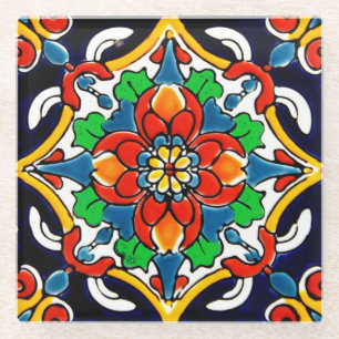Mexican Talavera Terracotta Tile Design No. 5 Glass Coaster