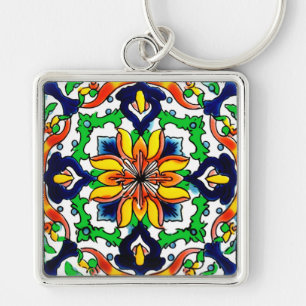 Mexican Talavera Terracotta Tile Design No. 6 Keychain