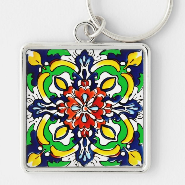 Mexican Talavera Terracotta Tile Design No. 7 Keychain (Front)