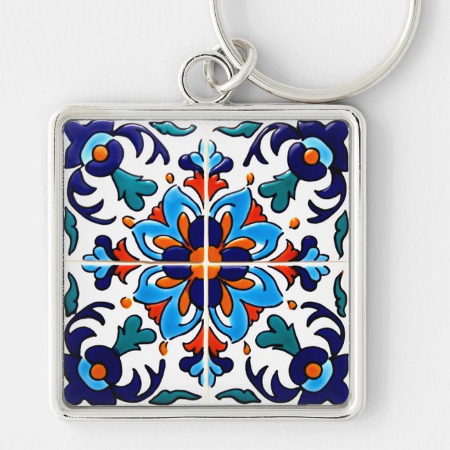 Mexican Talavera Terracotta Tile Design No. 9 Keychain (Front)