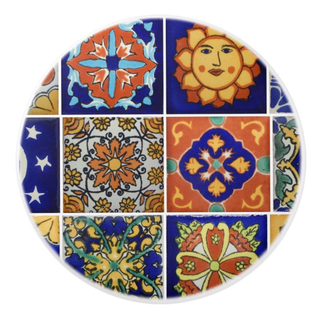 Mexican Talavera Tile Image On Round Drawer Pull (Front)