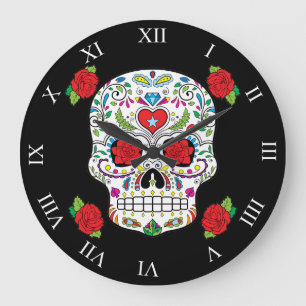 Mexican Tattoo Sugar Skull and Red Roses Large Clock