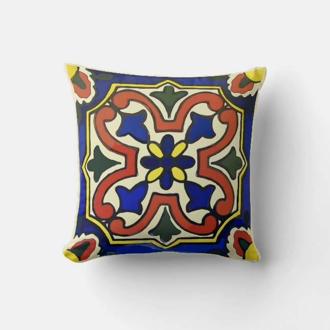 Mexican Tile Blue Throw Pillow (Front)