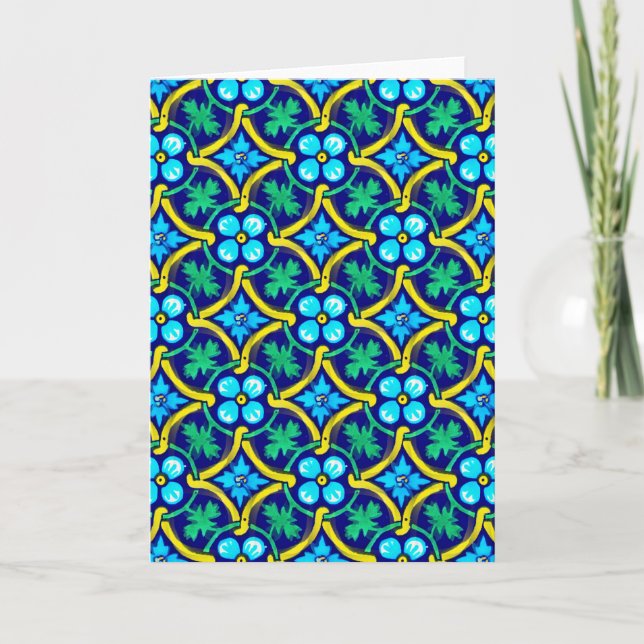 Mexican Tile Design Teal Yellow Floral Print Card (Front)