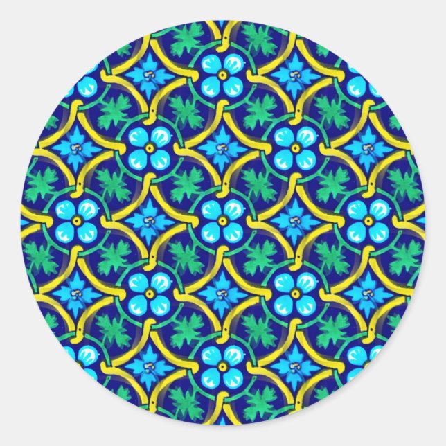 Mexican Tile Design Teal Yellow Floral Print Classic Round Sticker (Front)