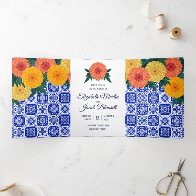 Mexican Tile Marigolds Wedding Tri-Fold Invitation (Inside)