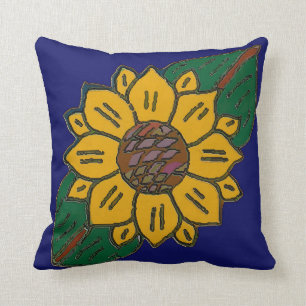 Mexican Tile Sunflower Blue Throw Pillow