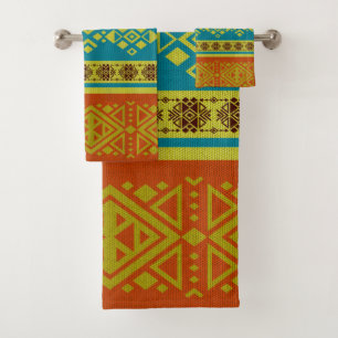 Mexican /Tribal Style pattern -Orange and Blue Bath Towel Set