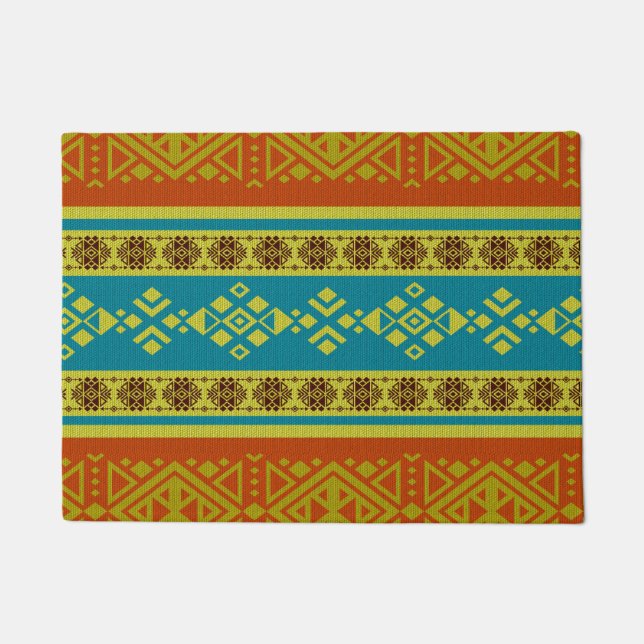 Mexican /Tribal Style pattern -Orange and Blue Doormat (Front)