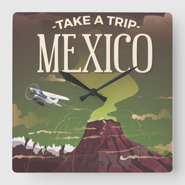 Mexican Volcano vintage travel poster Square Wall Clock (Front)