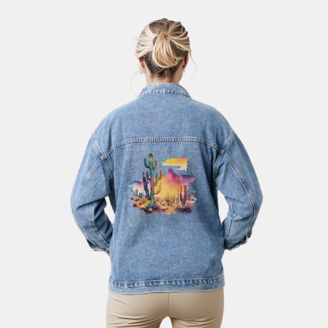 Mexican watercolor desert sunset denim jacket (Model)