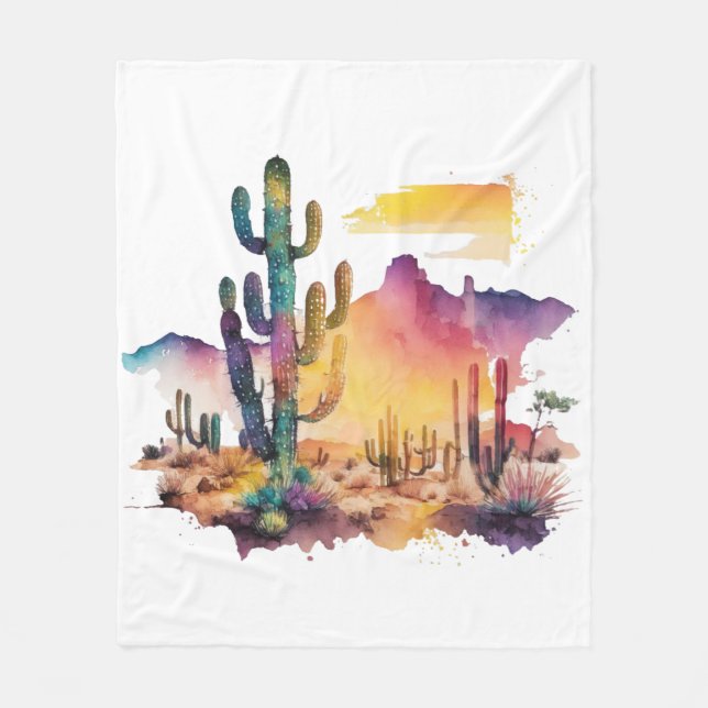 Mexican watercolor desert sunset fleece blanket (Front)