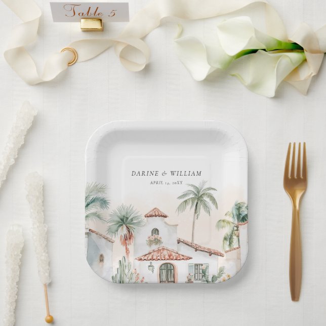 Mexican Watercolor Palm Tree  Destination Wedding Paper Plate (Wedding)