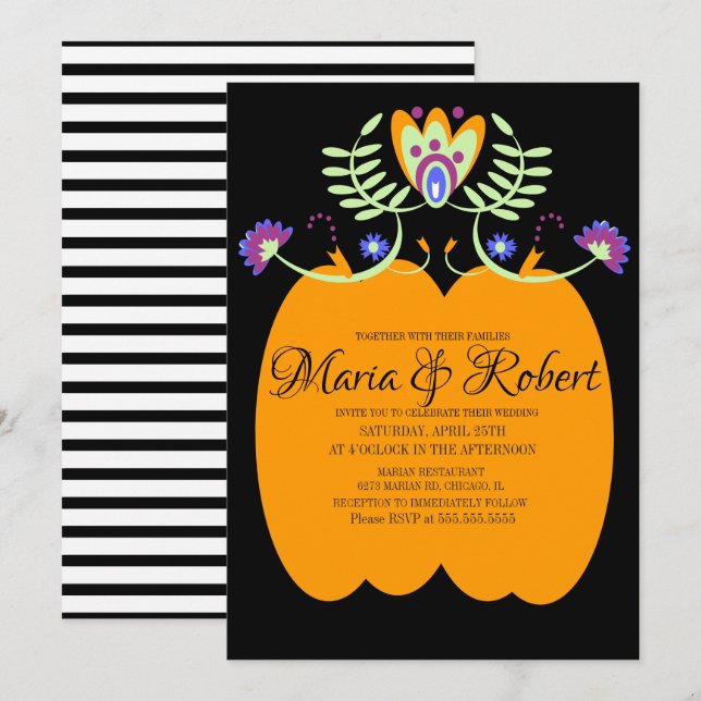 Mexican Wedding Folk Floral | Halloween Pumpkin Invitation (Front/Back)